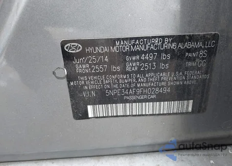 2015 Hyundai Sonata Sport z USA, uszkodzony, nr VIN 5NPE34AF9FH028494